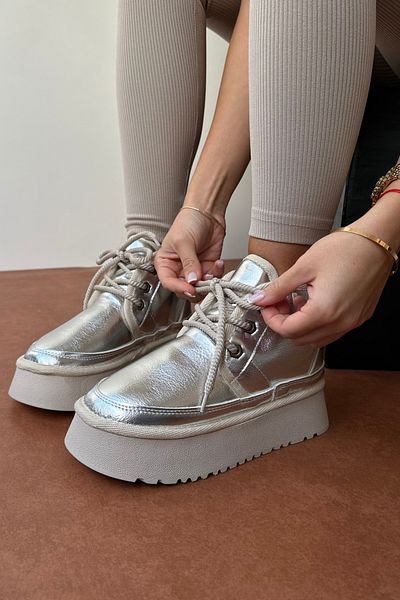 Mupa Shoes Ασημί λουστρίνι Γυναικείες Μπότες - Γούνα Εσωτερικά