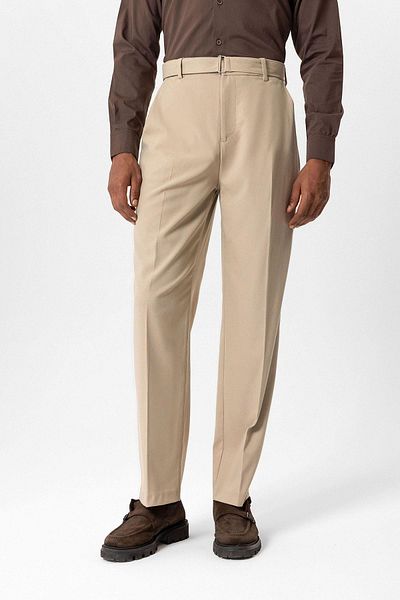 Antioch Beige High Waist Belted Men's Trousers