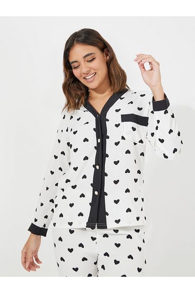 Take Two By Styli Kalp Desenli Düğme Detaylı Gömlek & Pijama Takımı