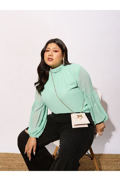 Sassafras By Styli Plus High Neck Top with Bishop Sleeve