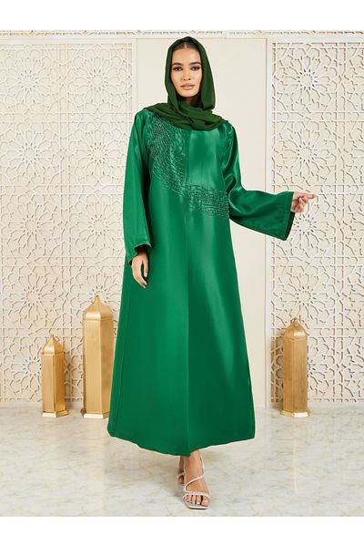 Anthrilo By Styli Bead Embellished Satin Abaya