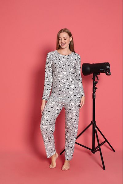 CALİA Women's Crew Neck Printed Suede Soft Fabric Long Sleeve Pajamas Set