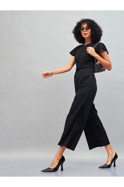 Sassafras By Styli Solid Belted Jumpsuit with Short Sleeves