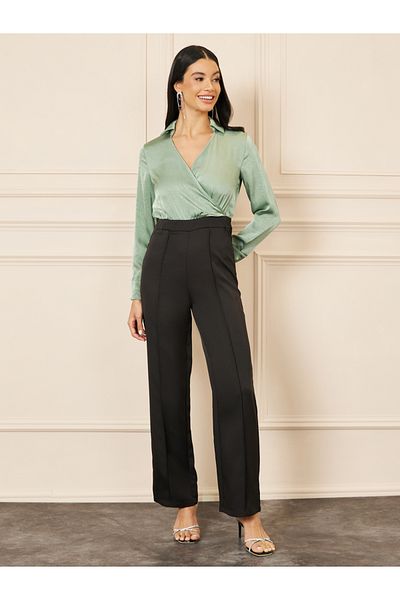 Styli Satin Collared V Neck Pintuck Detail Straight Leg Jumpsuit