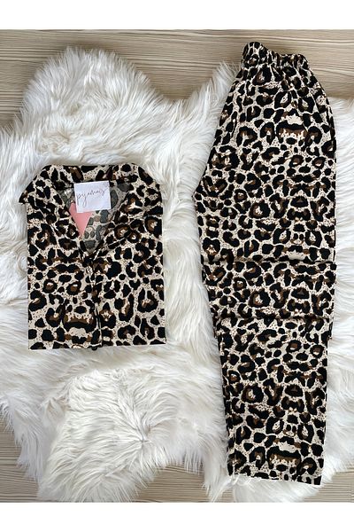 Pijamacs Комплект пижама с дълъг ръкав и велурена яка в цвят екрю