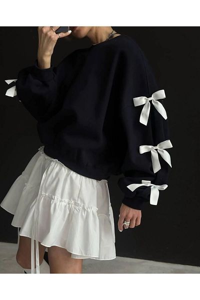 NATUFIAN STORE Women's Navy Blue Ribbon Appliqued Oversize Sweatshirt