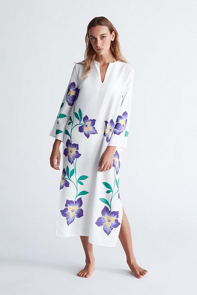 Peraluna White Floral Patterned V-Neck Midi Caftan - Split Petunia Women's Caftan