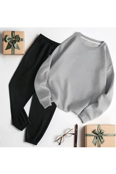 EXPECTED Unisex Crew Neck Two Thread Basic Tracksuit Set with Elastic Waist and Legs