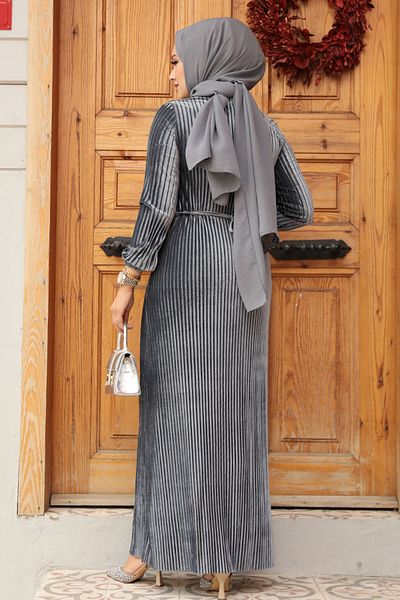 Neva Style Φόρεμα Smoked Velvet Hijab - Πλισέ, Μοντέλο No: 22751FU