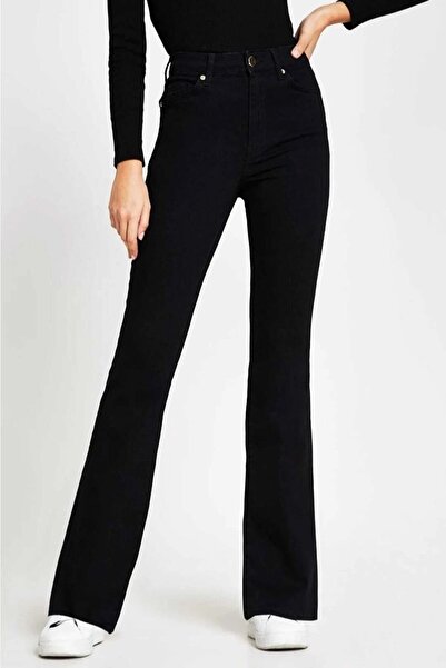MAKRAS EXCLUSIVE A195760 Black Spanish Leg Lycra Women's Flare Jean Pants High Waist Jeans