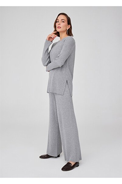 Peraluna Gray Melange Women's Knitwear Sweater - Loose Cut and Slit