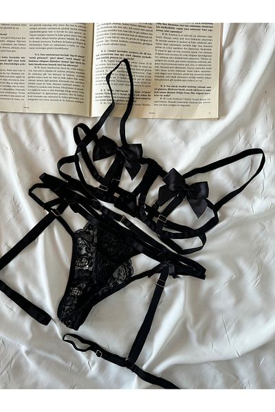 ROZENİN LINGERIE Μαύρο Σετ 3 Φανταχτερό Σετ σουτιέν με λεπτομέρεια κορδέλας
