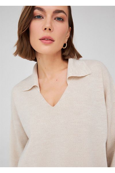Peraluna Polo V-Neck Loose Cut Women's Knitwear Sweater - Ecru Melange