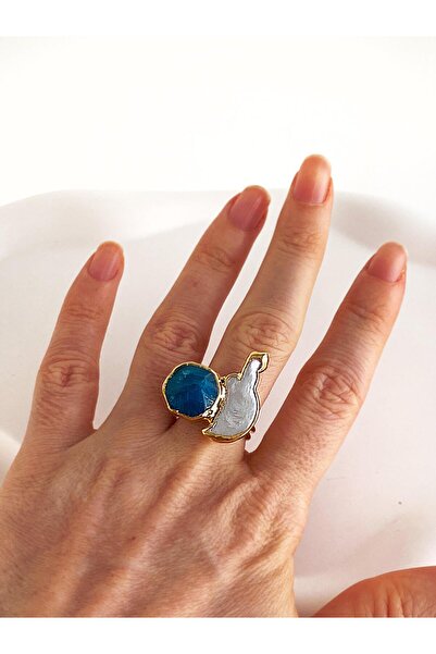 ı feel free more then ever that moment Özel Tasarım Mavi Doğal Taş ve İncili Yüzük