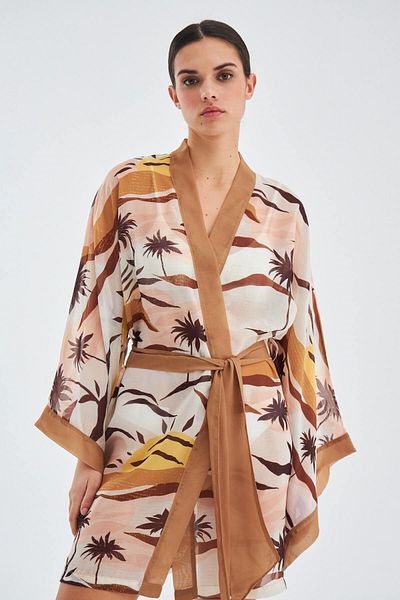 Peraluna Sahra Kimono Sun منقوشة 90 سم كيمونو شيفون صيفي نسائي - بني/بيج
