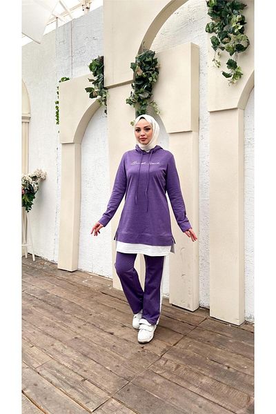 Bwest Hooded Sweat Pants and Hijab Tracksuit Set - Text Printed and Garni Detailed, Short - 03080.207