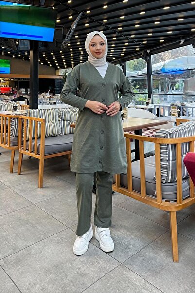 SEVDA Buttoned V-Neck Simple Basic Tracksuit Sports Double Set - 03051.005 - Khaki