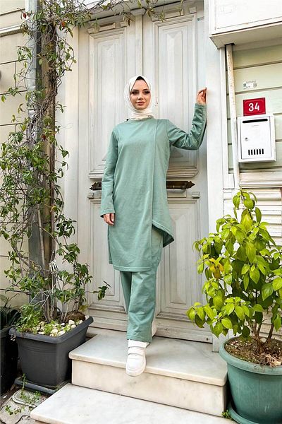 Bwest Green Double Breasted Crew Neck Tunic and Panel Set - 03076.100