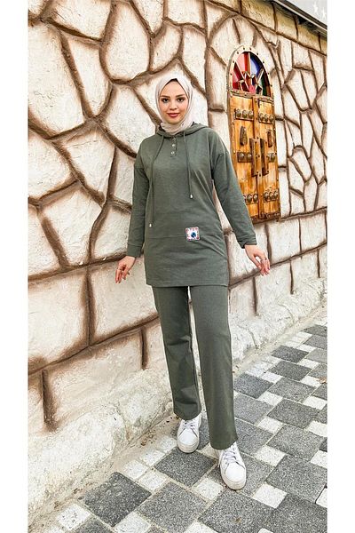 Bwest Hooded Snap Fastener Plain Basic Double Tracksuit Sports Set - 03036.005 - Khaki