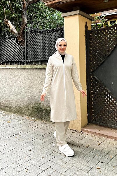 Bwest Crew Neck Zippered Long Tunic Plain Basic Sports Set - 03044.027 - Ecru
