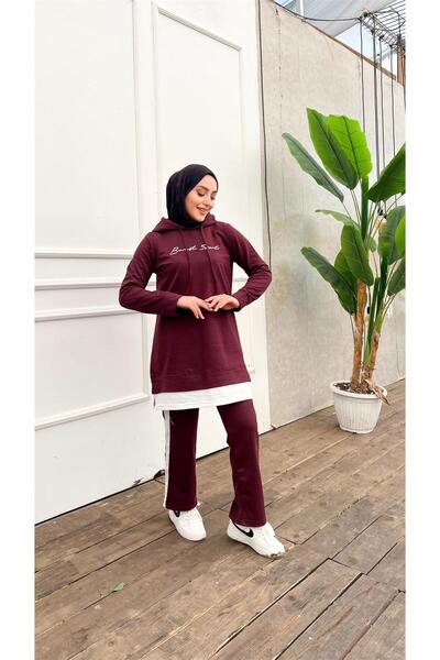Bwest Yazı Baskılı Garni Detaylı Kapşonlu Kısa Sweat Pantolon İkili Tesettür Eşofman Takımı - 03080.020 -