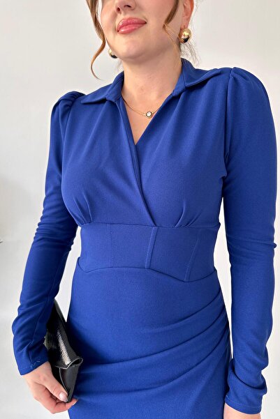 MaziButik Сакс синя крепова коротка сукня - з коміром