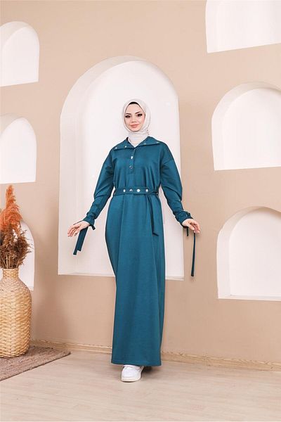 Bwest Waist Tied Long Dress with Snap Sleeve Stripe Detail - 71183.033 - Petrol