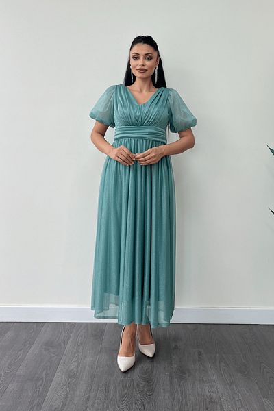 giyimmasalı Tulle Glitter Fabric Gather Detailed Midi Dress - Mint Green