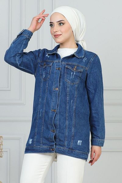 Modamihram Blaue Jeansjacke mit Laserdetail - 6097