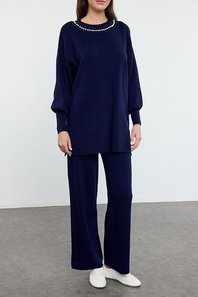 Edit by Trendyol Navy Blue Pearl Detailní svetr Kalhoty Pletený oblek Tedaw25Us00023