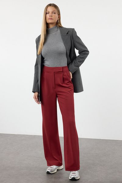 Trendyol Collection High Waist Claret Red Velcro Pleated Wide Leg Trousers - Twoaw24Pl00177