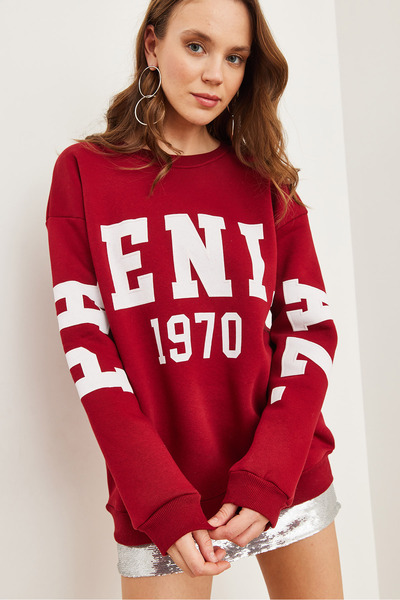 Olalook Γυναικείο φούτερ με ανάγλυφο μπορντό στάμπα Oversize SWT- 19000675