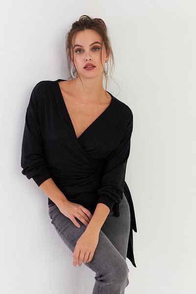 Cool & Sexy Γυναικεία ανθρακί δεμένη μπλούζα με διπλό στήθος EY2933