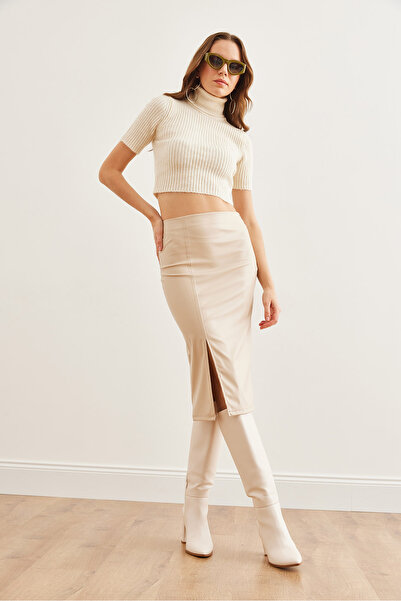 Olalook Fusta midi din piele artificială cu fermoar lateral cu fantă de piatră pentru femei ETK- 19000279