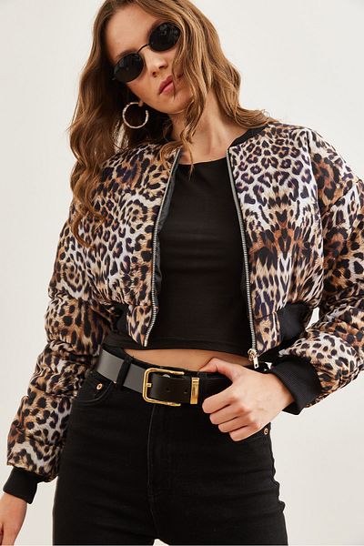 Olalook Černá bunda Crop Puffer s leopardím vzorem - Mnt- 19000043