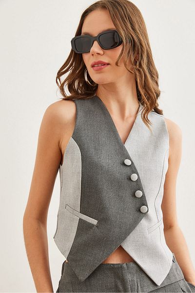 Olalook Grau geräucherte Farbblock-gefütterte Premium-Weste für Damen YLK- 19000033