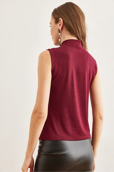 Olalook Bluză elastică pentru femei, burgundă, cu gât în picioare, la atingere moale, BLZ- 19002766