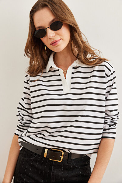 Olalook Kadın Beyaz Polo Yaka Çizgili Sweatshirt SWT-19000629