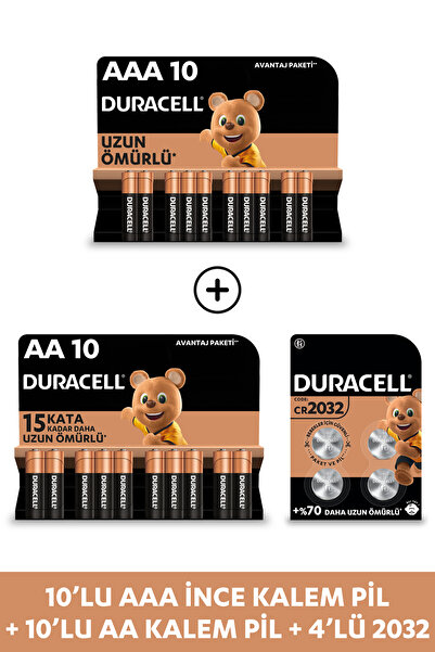 Duracell AAA Alkalin İnce Kalem Pil & AA Alkalin Kalem Pil  (10’lu paket) +2032 4'lü Düğme Pil