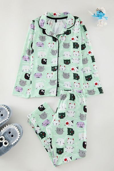 TRENDYOLKIDS Mint Girl - Knitted Animal Printed Pajamas Set Tkdaw25au00124