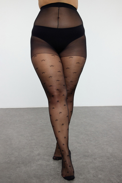 Trendyol Curve Nadměrná velikost, minimální hvězdicové vzorované punčochy – černé, 15 den, 2 balení TBBAW25KC00004