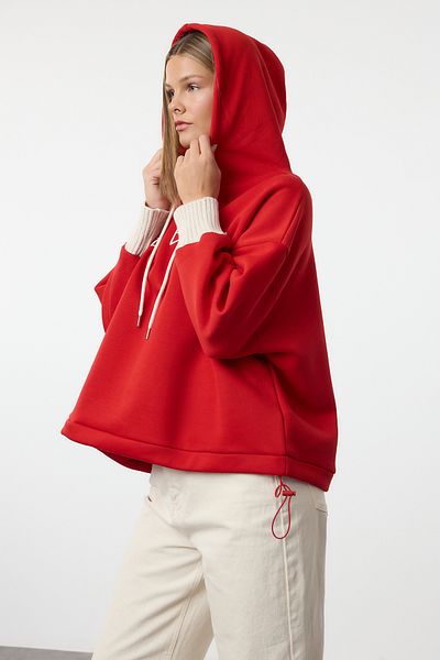 Trendyol Collection Thick Fleece Inside Red Knitwear Sweatshirt - Hooded, Tape Detailed Twoaw22Sw1806