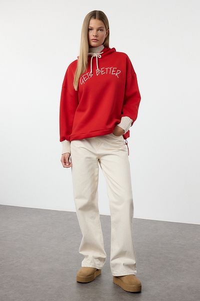 Trendyol Collection Thick Fleece Inside Red Knitwear Sweatshirt - Hooded, Tape Detailed Twoaw22Sw1806