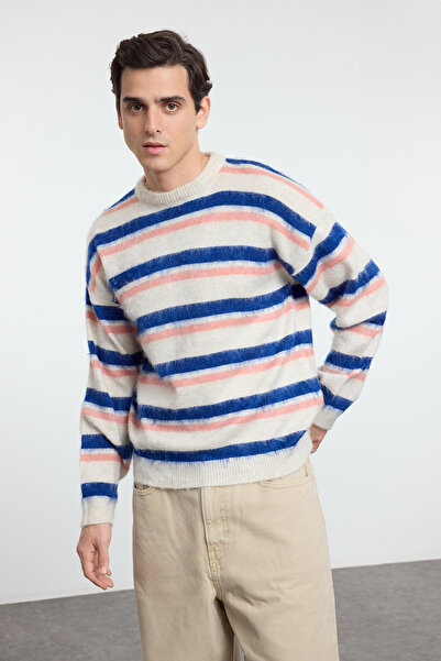 Trendyol Collection Túlméretes csíkos kötöttáru pulóver - nyakú, többszínű TMNAW25KZ00048