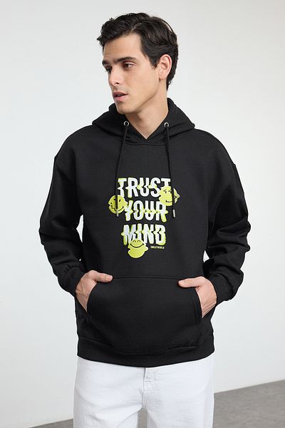 Trendyol Collection Унисекс черен овърсайз/широк разрез Smiley Оригинален лицензиран суичър с качулка Tmnaw25Sw00125