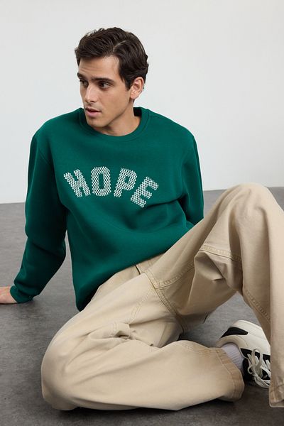 Trendyol Collection Φούτερ με σμαραγδένια πράσινη κεντημένη κουκούλα - Fleece TMNAW25SW00060