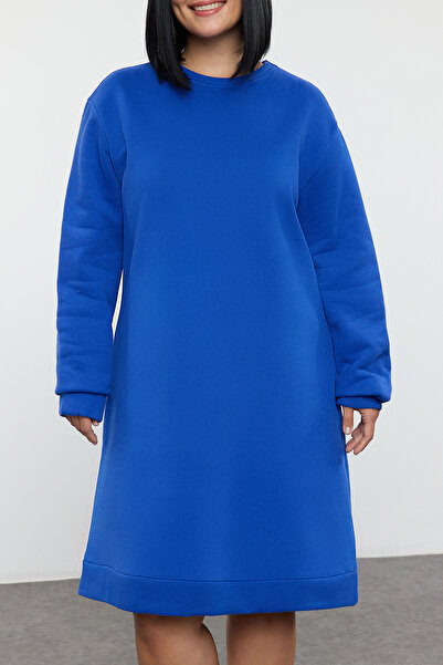 Trendyol Curve Μπλε πλεκτό φόρεμα φούτερ σε μεγάλο μέγεθος - Crew λαιμόκοψη, 2 κλωστές χωρίς ράστερ TBBAW25AH00101