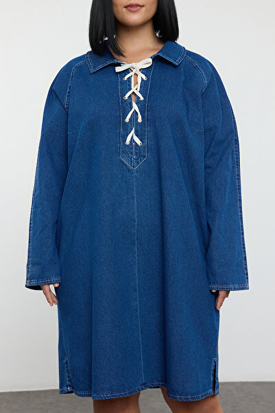 Trendyol Curve Kék Rigid farmer inggalléros fűzős nagy méretű ruha TBBAW25AH00085