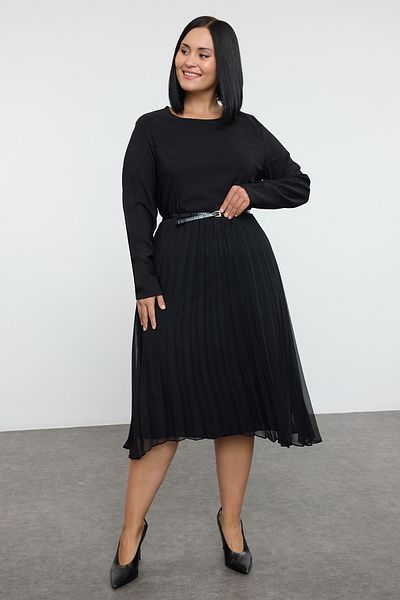 Trendyol Curve Black Skirt Lined Chiffon Pleated Midi Woven Dress Tbbaw25Ah00016
