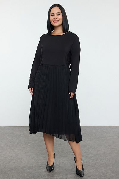 Trendyol Curve Black Skirt Lined Chiffon Pleated Midi Woven Dress Tbbaw25Ah00016